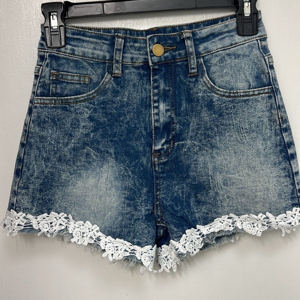 Lace Trim Denim Shorts, Sexy Jean Hotpants, Blue W/ White Lace Detail, Sz S